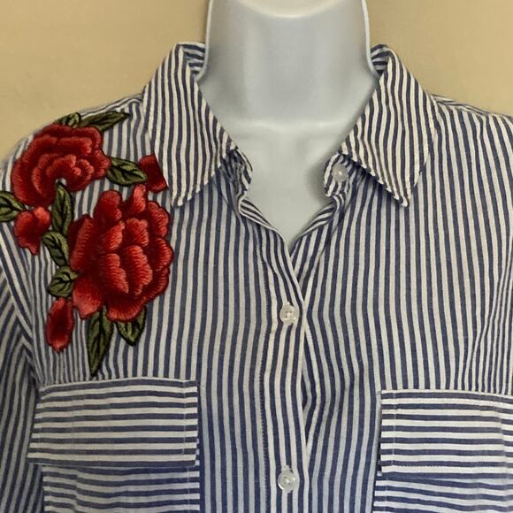 Rails Medium Frances Button Up Banker Stripe Floral Patches Blouse Embroidered - Picture 7 of 16
